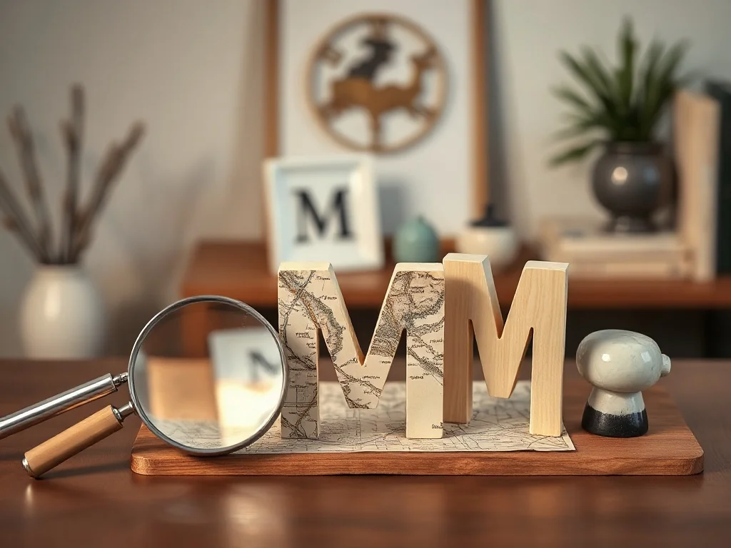 Przedmioty na literę „m”, takie jak lupa, mapa i marmurowa figurka, estetycznie ułożone na drewnianym stole.