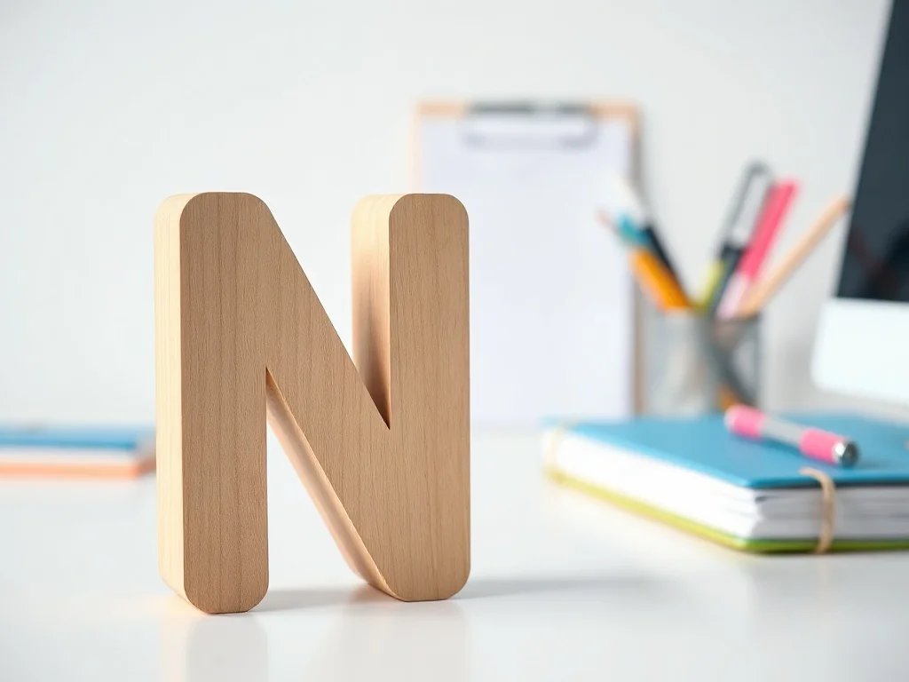 Drewniana litera „N” stojąca na minimalistycznym biurku w otoczeniu rozmytych przyborów biurowych.