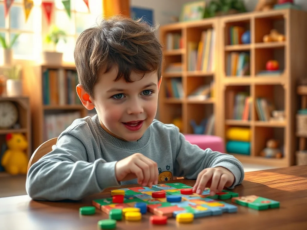 Sześcioletni chłopiec skupiony na układaniu kolorowych puzzli przy drewnianym biurku w przytulnym pokoju zabaw.