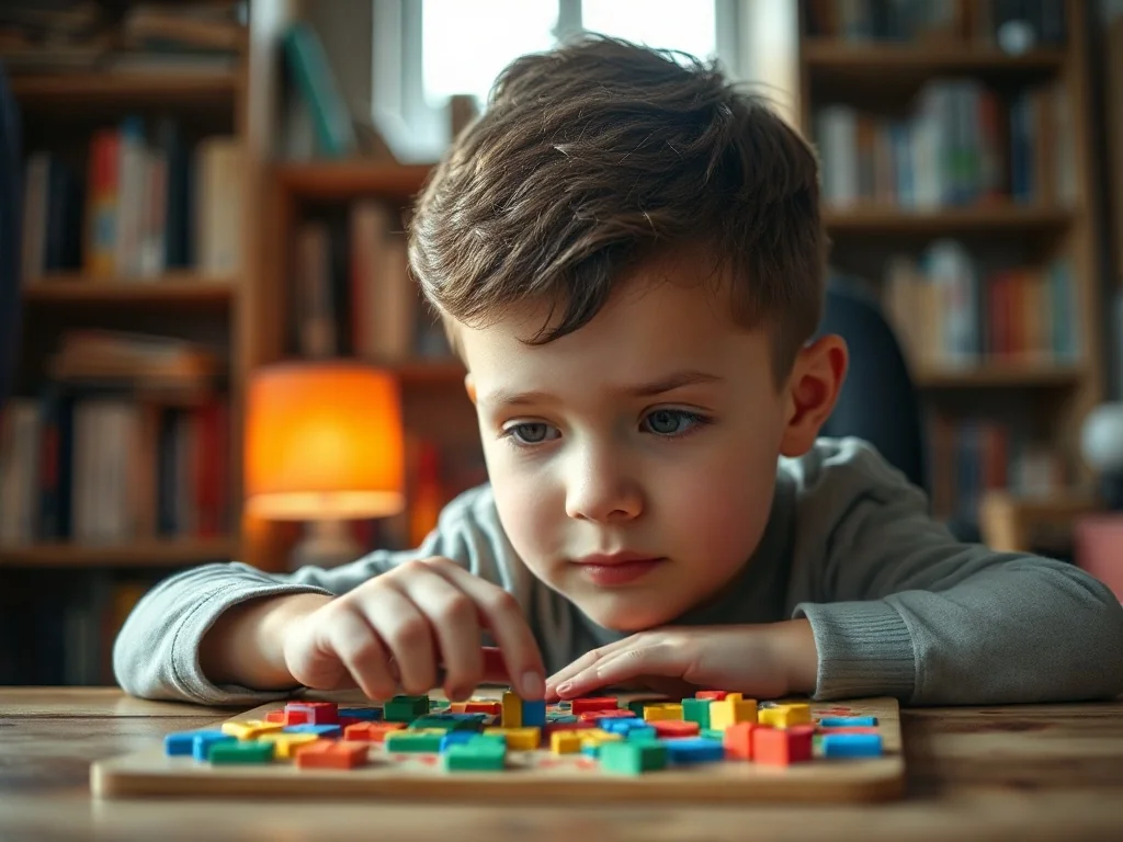 Skupiony chłopiec rozwiązujący kolorową łamigłówkę logiczną przy drewnianym biurku w przytulnej bibliotece.