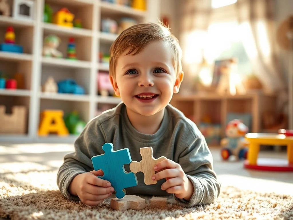 Czteroletni chłopiec układa kolorowe drewniane puzzle, bawiąc się w przytulnym, pełnym zabawek pokoju.