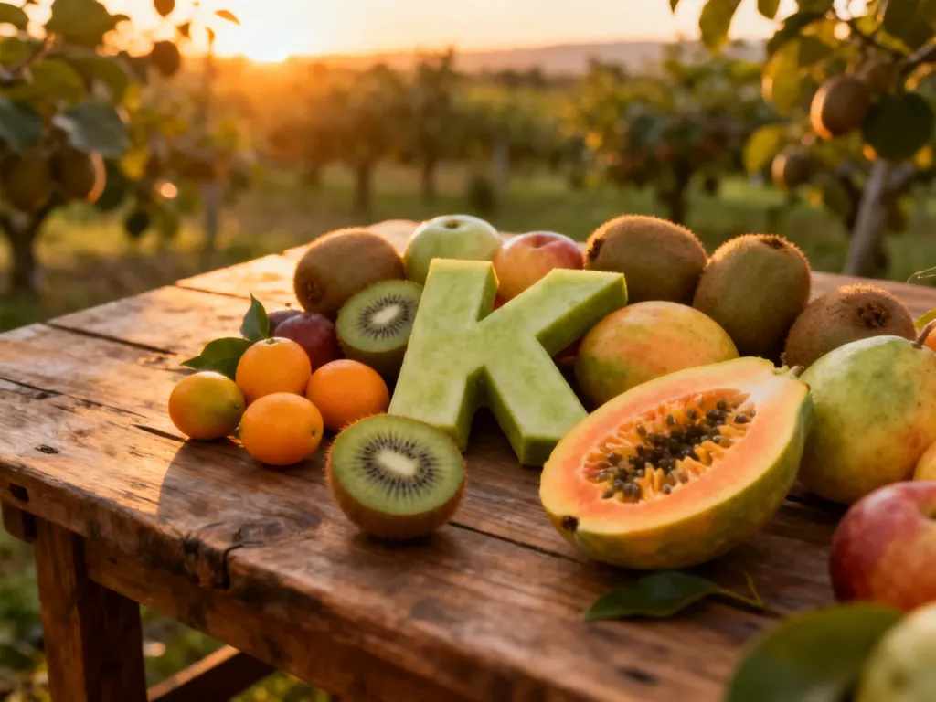 Świeże owoce na literę K, takie jak kiwi, kumkwaty i kaki, wyeksponowane na rustykalnym drewnianym stole.