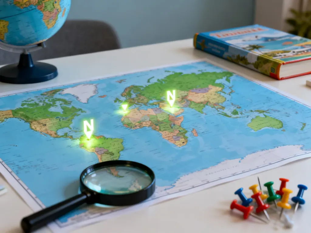 Mapa świata z podświetlonymi krajami na literę „N”, lupą i pinezkami, ilustrująca zestawienie państw w celach edukacyjnych.