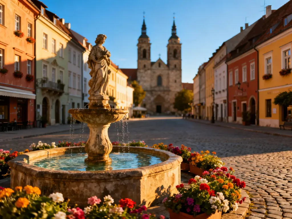 Malowniczy rynek europejskiego miasta z zabytkowymi kamienicami, fontanną i wieżami kościoła w świetle zachodzącego słońca.