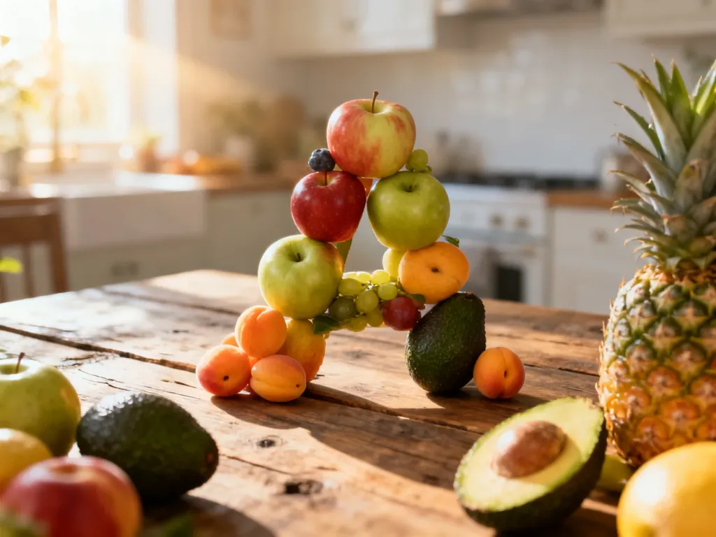 Świeże owoce na literę „A”, takie jak jabłka, morele, awokado i ananas, artystycznie ułożone na drewnianym stole.