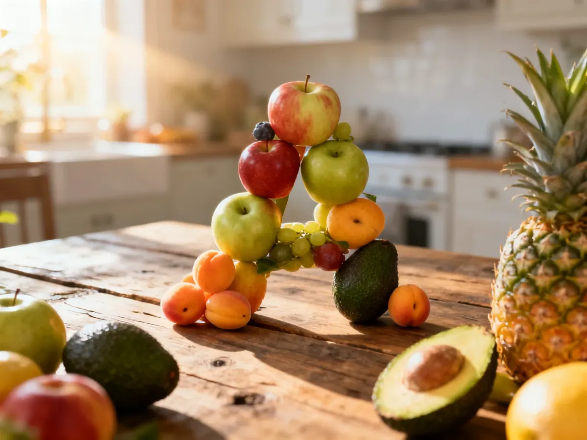 Świeże owoce na literę „A”, takie jak jabłka, morele, awokado i ananas, artystycznie ułożone na drewnianym stole.