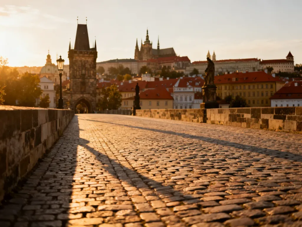 Złota godzina nad europejskim miastem z zabytkową architekturą, gotyckimi wieżami i brukowaną uliczką.