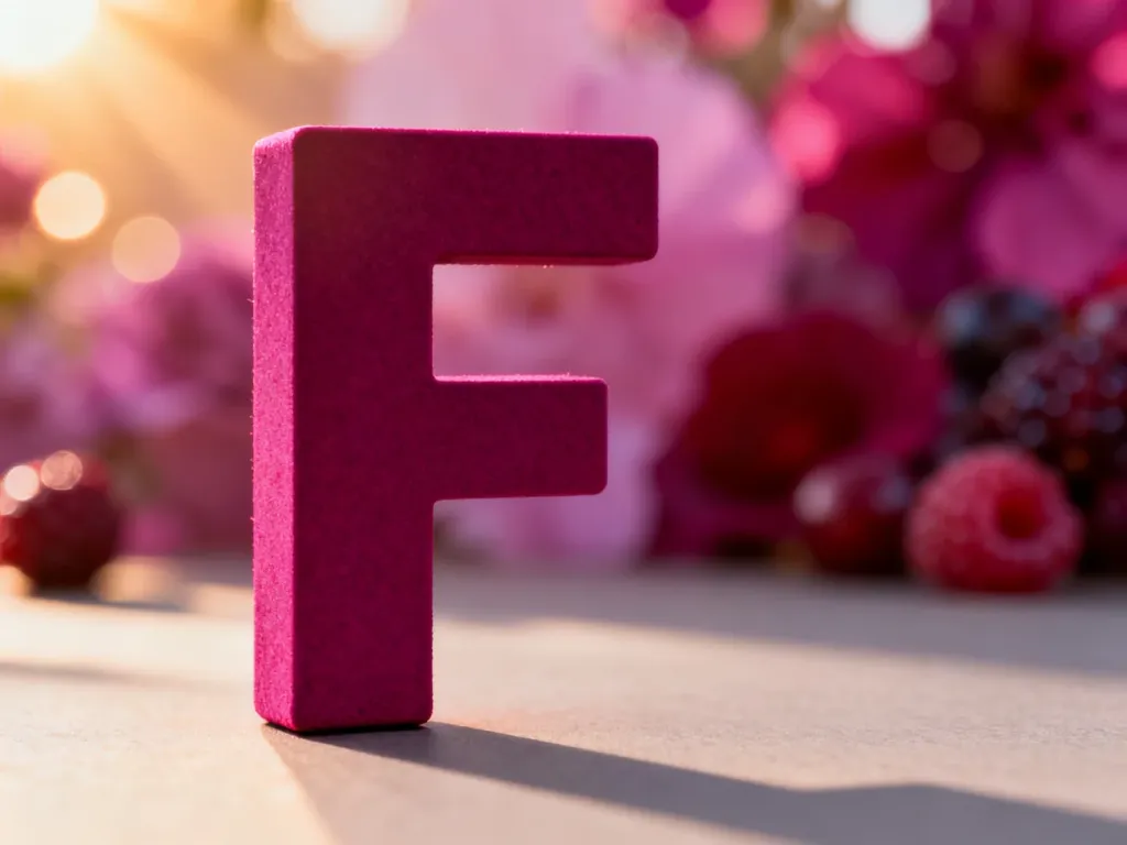 Trójwymiarowa litera „F” w intensywnym odcieniu fuksji na rozmytym, artystycznym tle w kolorach różu i purpury.