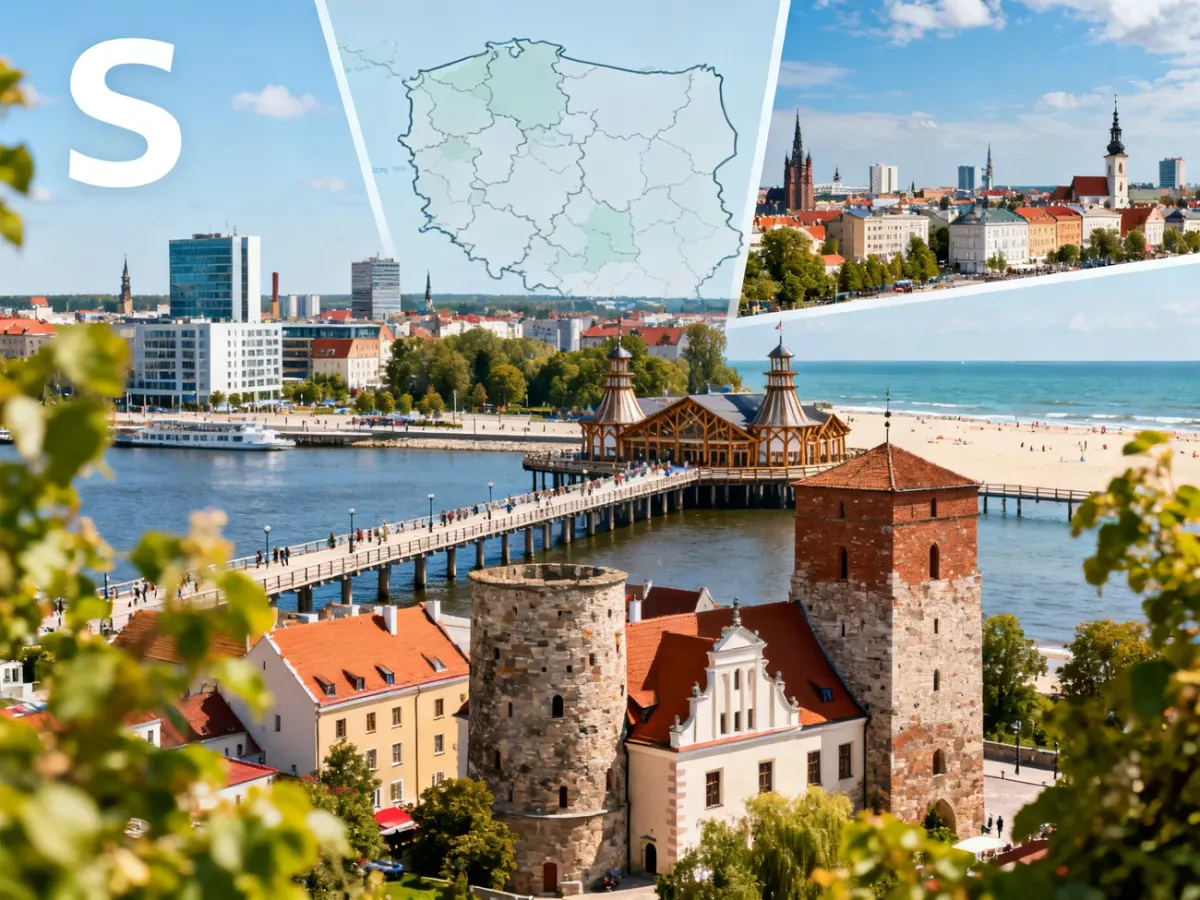 Kolaż polskich miast na literę S z widokiem na Szczecin, Sopot i Sandomierz
