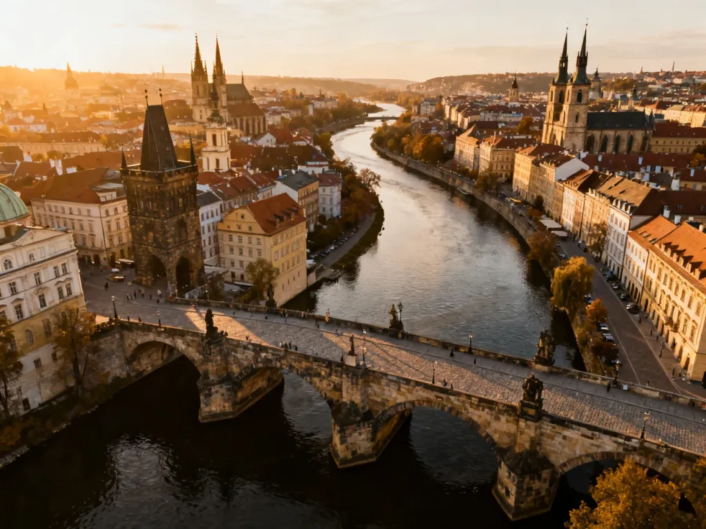 Widok z lotu ptaka na europejskie miasto z rzeką, kamiennym mostem i historyczną zabudową w świetle zachodzącego słońca.