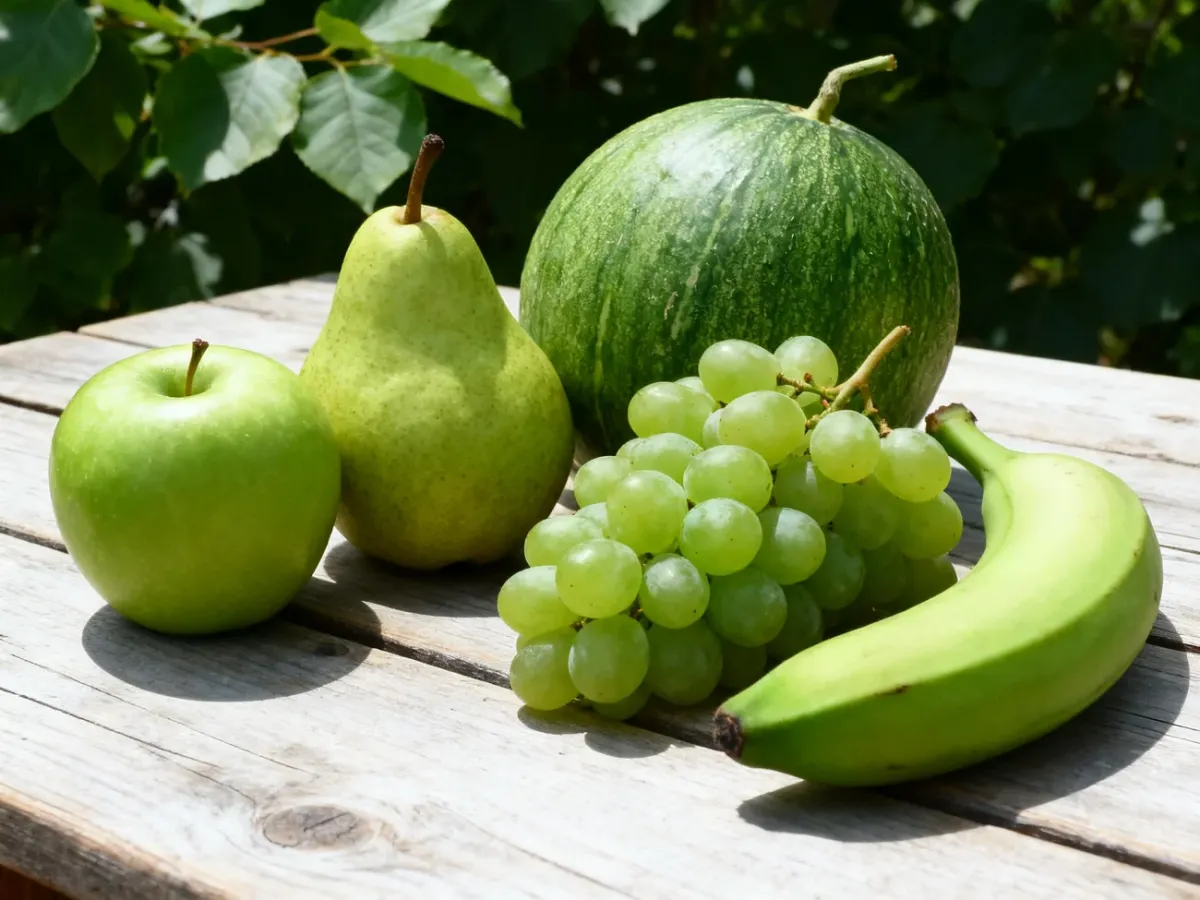 Zestaw zielonych owoców: jabłko, gruszka, winogrona, melon i banan