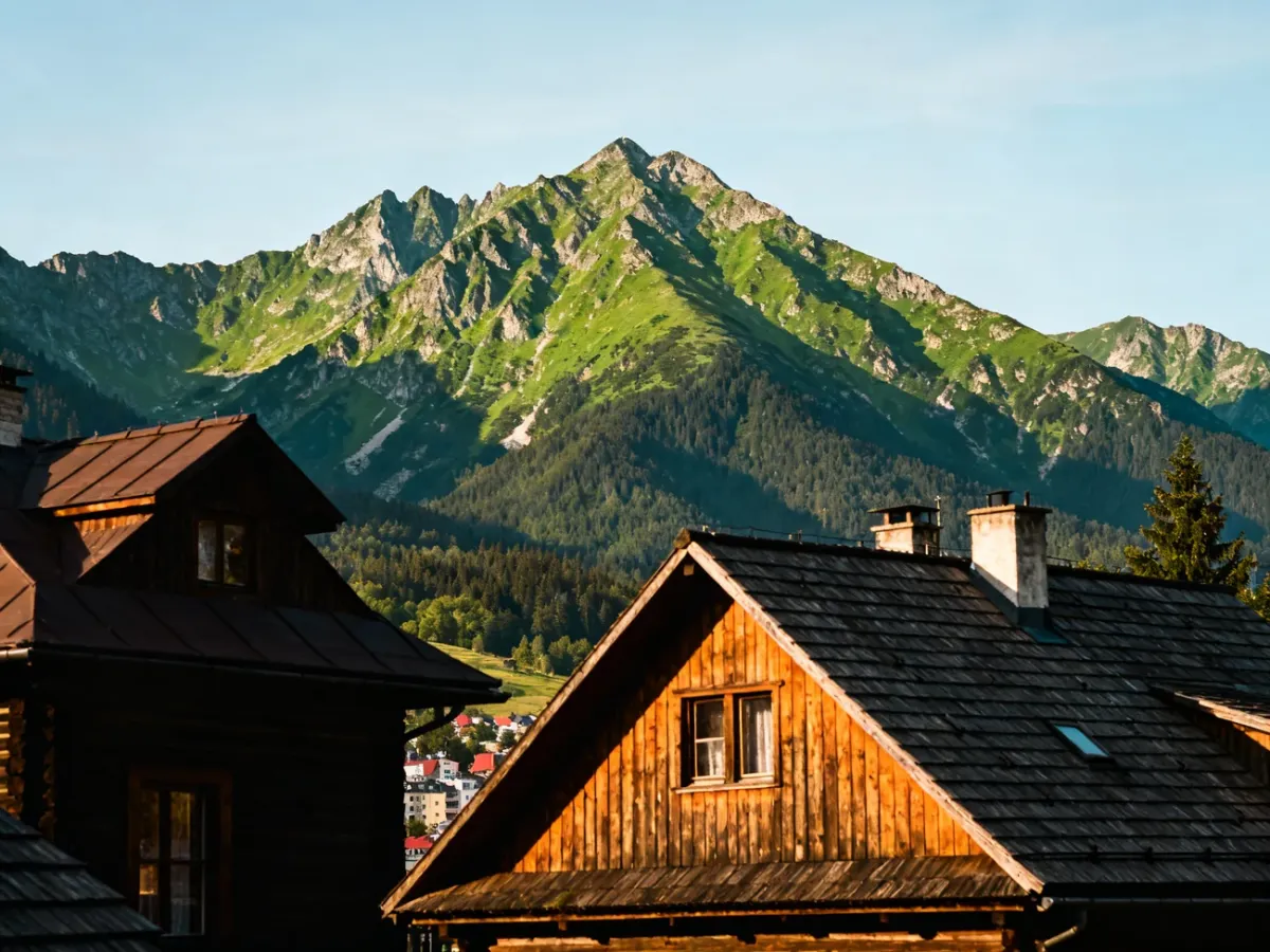 Zakopane u podnóża Tatr z tradycyjną drewnianą zabudową