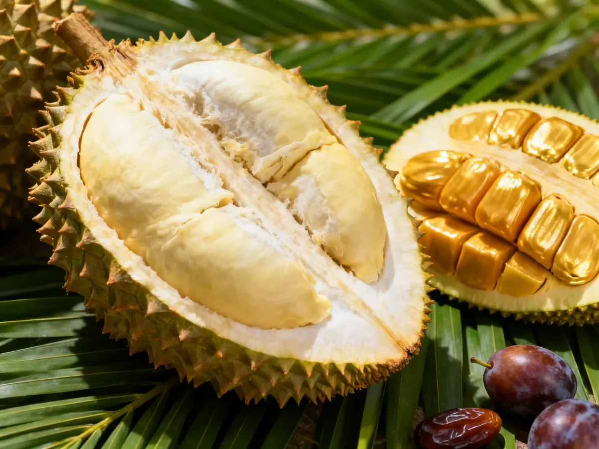 Przekrojony durian i dżakfrut wśród egzotycznych owoców