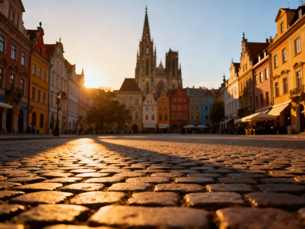 Malownicza europejska starówka z gotycką katedrą w tle, oświetlona ciepłym światłem zachodzącego słońca.