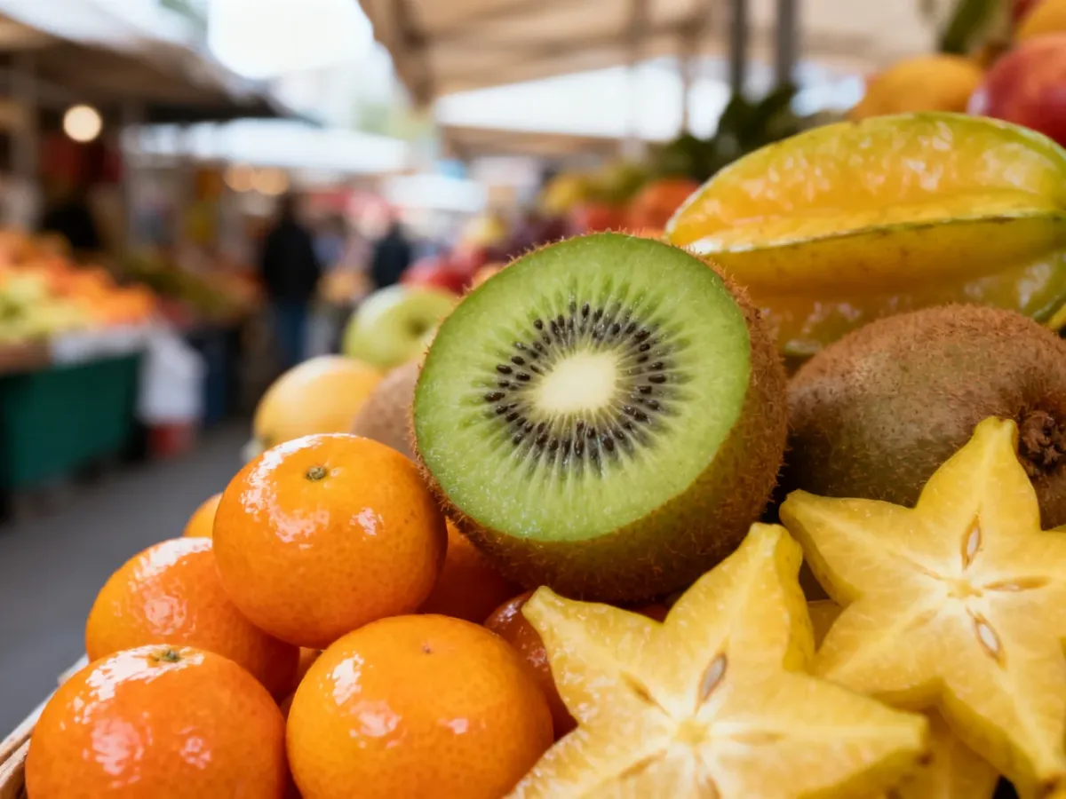 Kiwi, kumkwaty i karambola na stoisku z owocami
