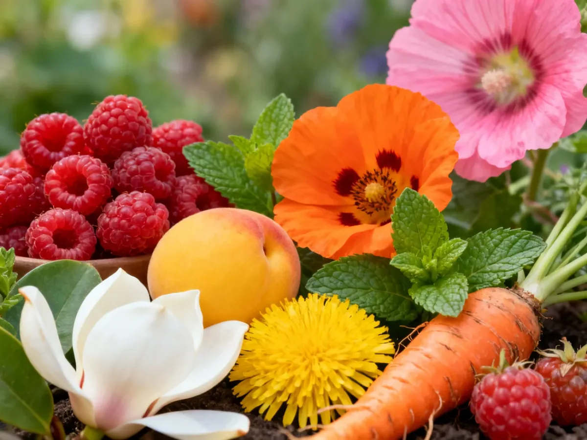Zbliżenie malin, maków, moreli, mięty i innych naturalnych inspiracji kolorystycznych