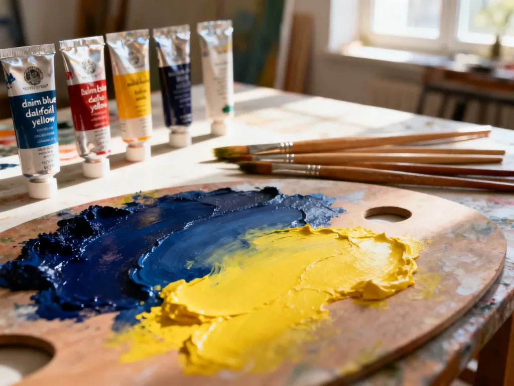 Paleta malarska z farbami w odcieniach denim blue i daffodil yellow oraz pędzle na stole w pracowni artysty.