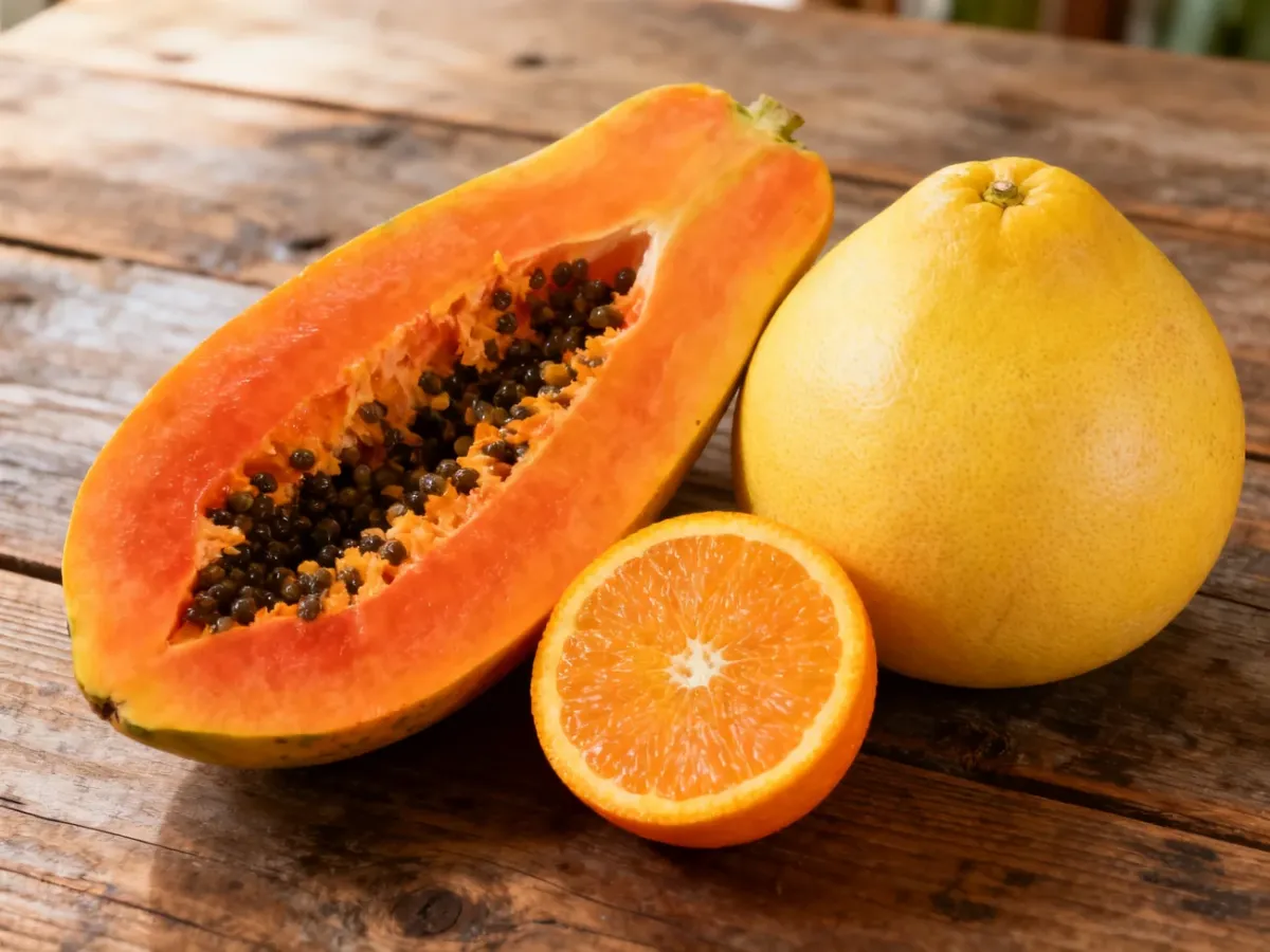 Papaja, pomarańcza i pomelo na drewnianym stole