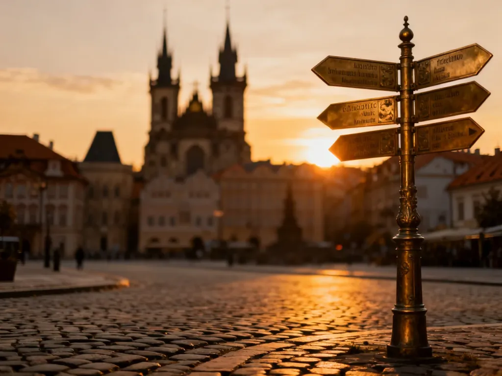 Malowniczy rynek europejskiego miasta w świetle zachodzącego słońca z zabytkową architekturą w tle.