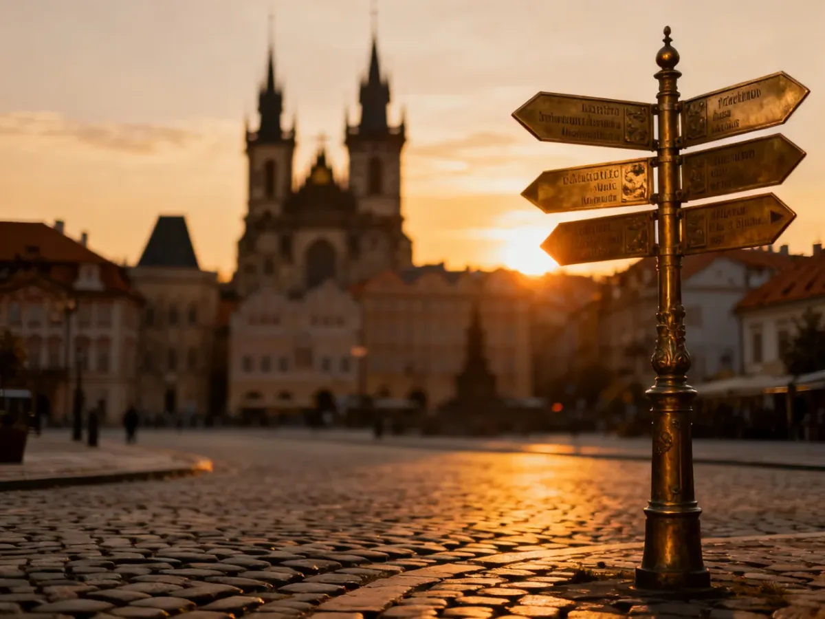 Malowniczy rynek europejskiego miasta w świetle zachodzącego słońca z zabytkową architekturą w tle.