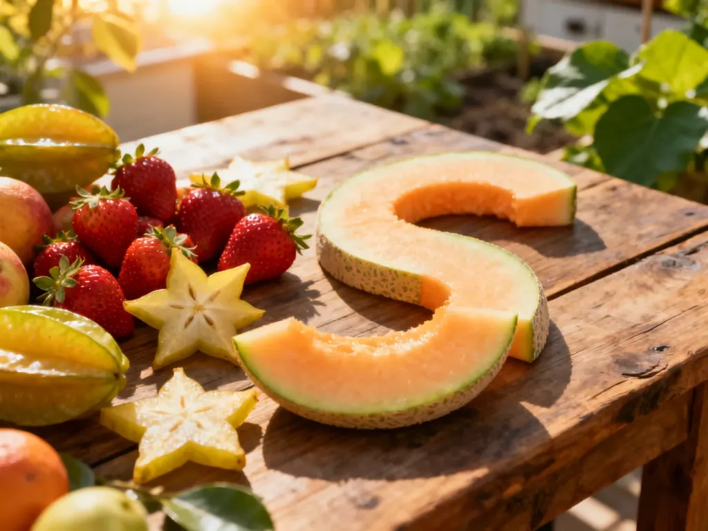 Świeże truskawki, karambola i melon na drewnianym stole w słonecznej kuchni, prezentujące owoce na literę S.