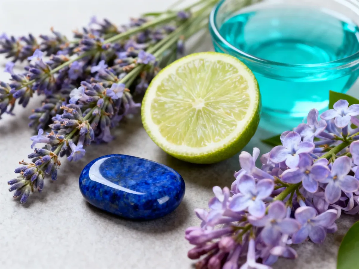 Rośliny, limonka, morska woda i minerał lapis-lazuli ilustrujące nazwy kolorów