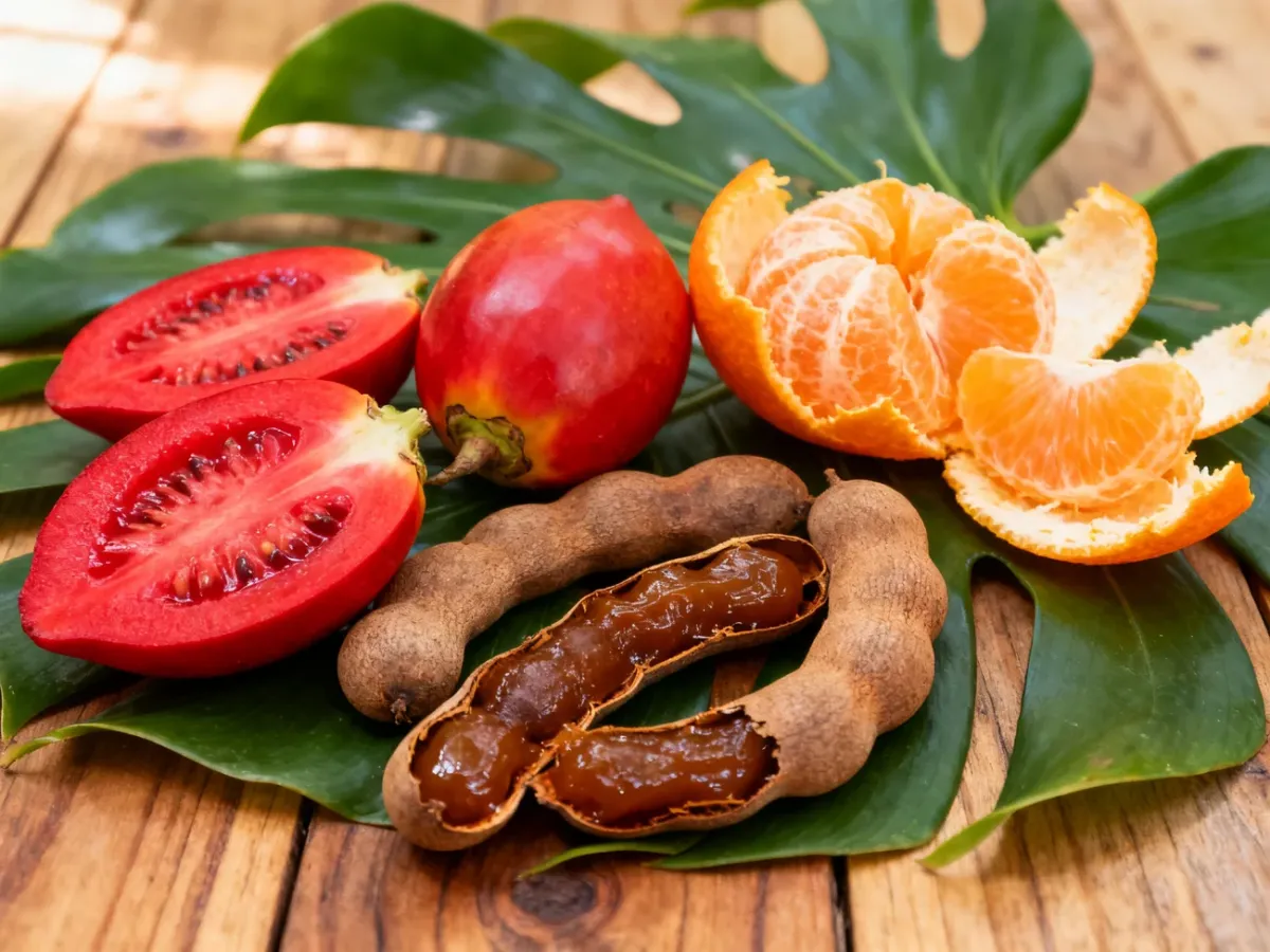 Przekrojone tamarillo, tamarynd i tangelo w egzotycznej aranżacji