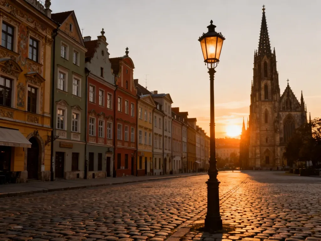 Malowniczy rynek polskiego miasta o zachodzie słońca z zabytkowymi kamienicami i gotycką wieżą kościoła.