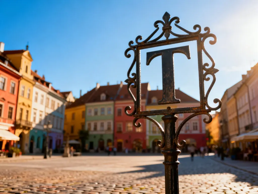 Malowniczy rynek europejskiego miasta z zabytkową zabudową i wyeksponowanym znakiem z literą „T” na pierwszym planie.