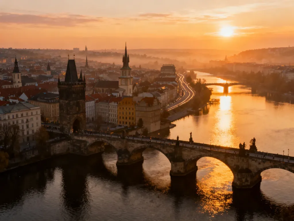 Widok z lotu ptaka na europejskie miasto o zachodzie słońca z kamiennym mostem nad rzeką.