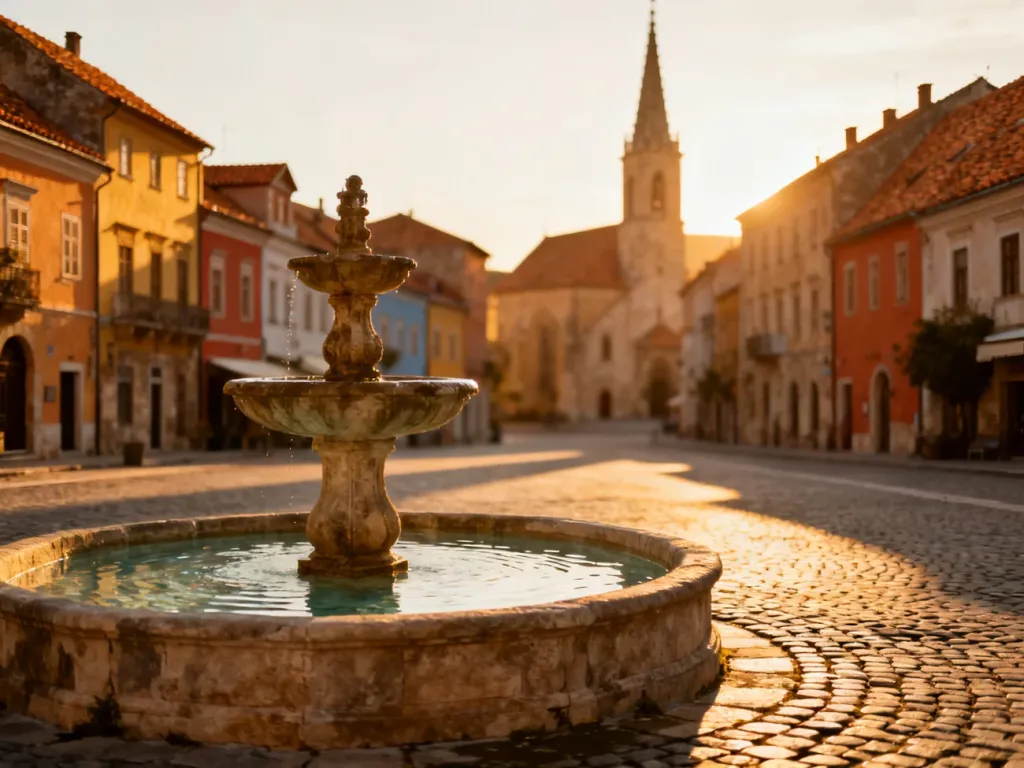 Zabytkowy rynek europejskiego miasta w świetle zachodzącego słońca z kamienną fontanną i średniowieczną architekturą.