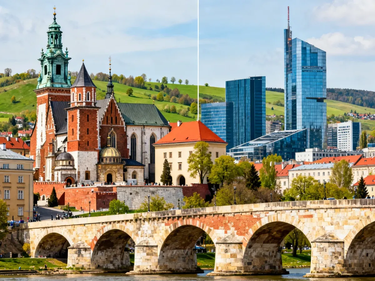 Kolaż przedstawiający charakterystyczne krajobrazy polskich miast na literę K