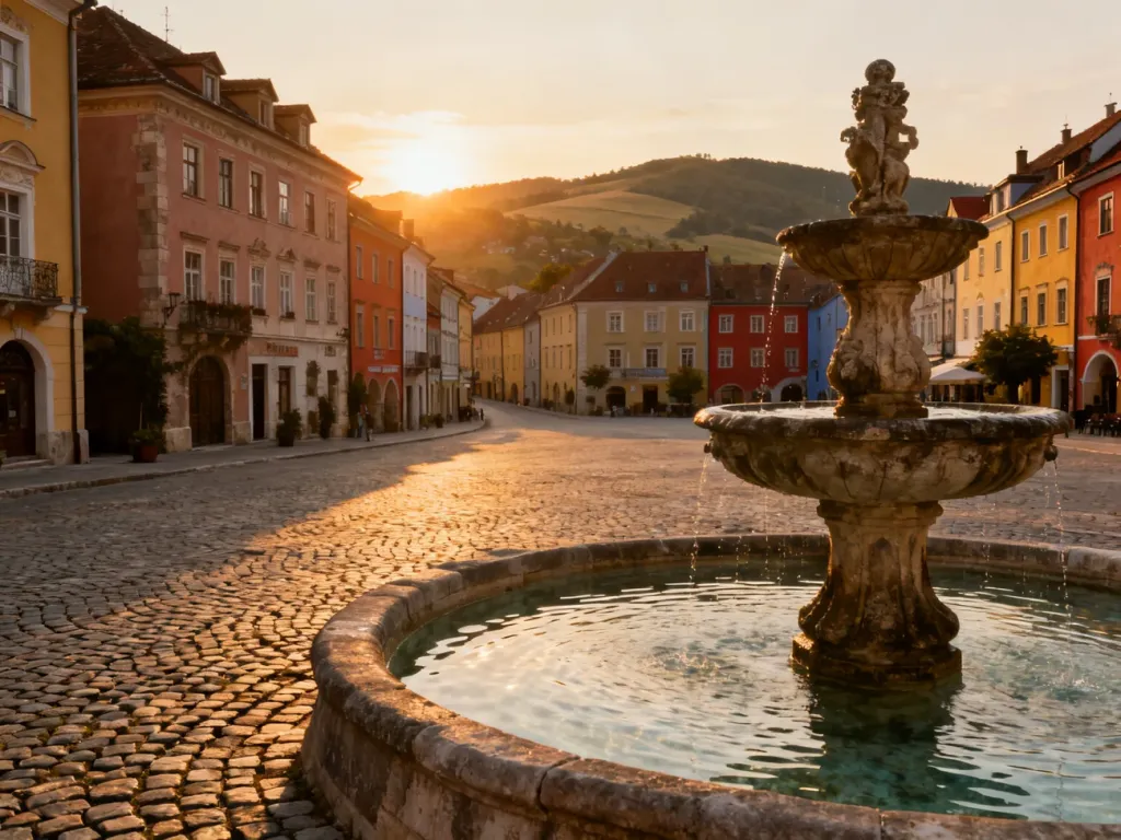 Malownicza panorama historycznego europejskiego miasteczka z kamienną fontanną na pierwszym planie w świetle zachodzącego słońca.