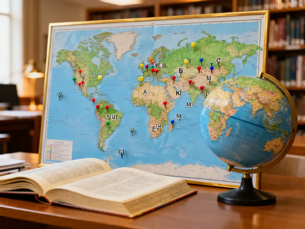 Mapa świata z zaznaczonymi krajami na literę „M”, globusem i atlasem na biurku w bibliotece.