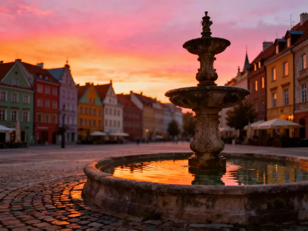 Malowniczy rynek polskiego miasta w świetle zachodzącego słońca z zabytkową fontanną i kolorowymi kamienicami w tle.