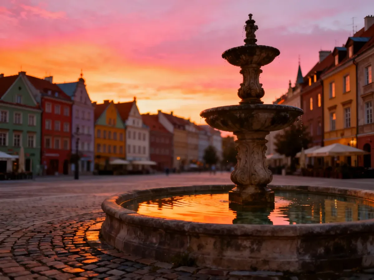 Malowniczy rynek polskiego miasta w świetle zachodzącego słońca z zabytkową fontanną i kolorowymi kamienicami w tle.