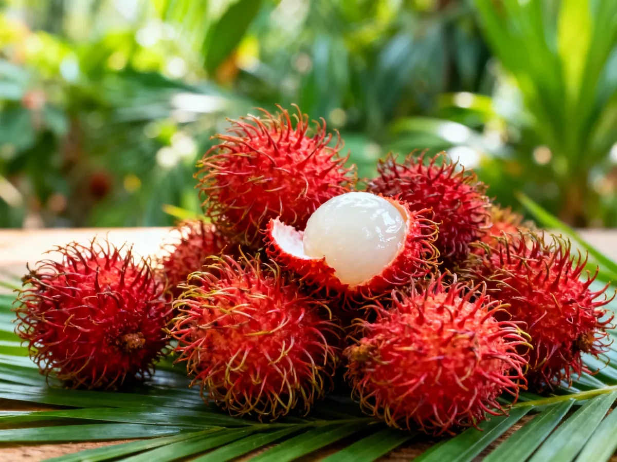 Czerwone rambutany, w tym jeden obrany z białym miąższem