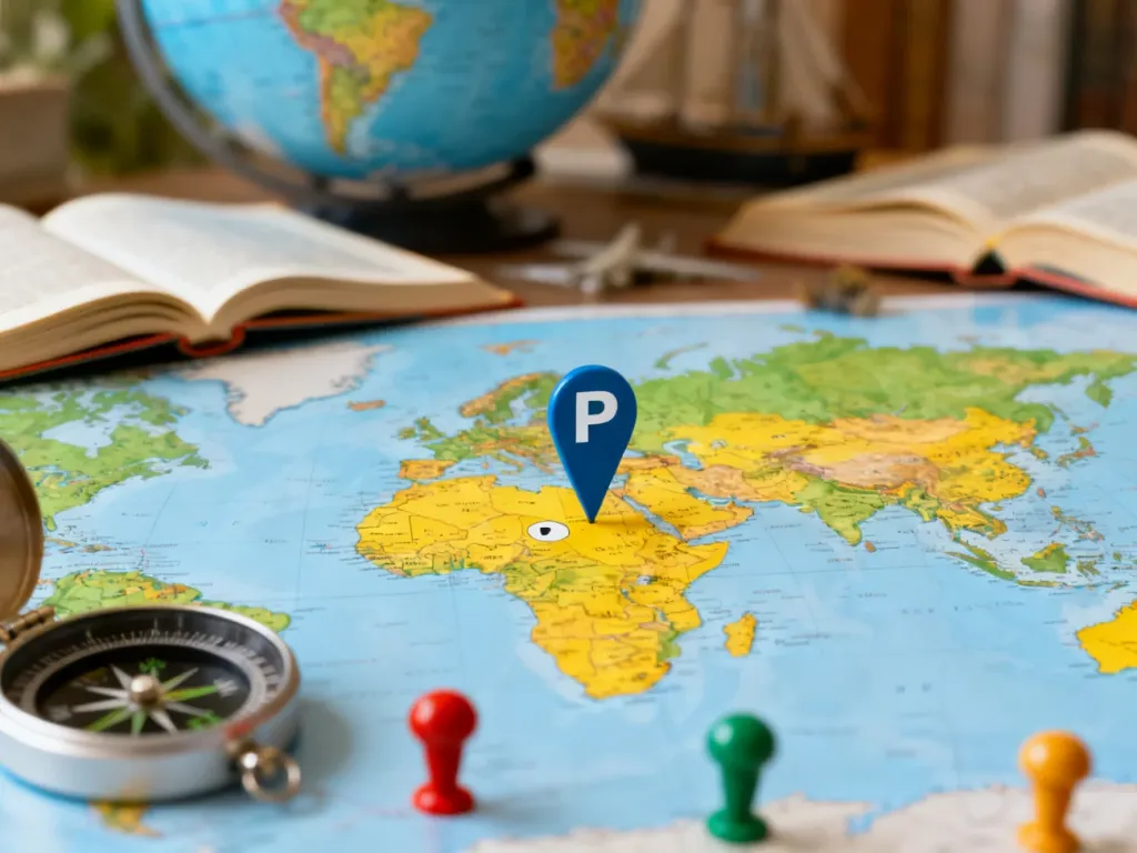 Mapa świata z zaznaczonymi krajami na literę „P”, kompasem i kolorowymi pinezkami, utrzymana w edukacyjnym stylu.