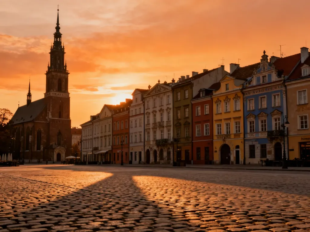 Zabytkowy rynek w polskim mieście o zachodzie słońca z kolorowymi kamienicami i wieżą gotyckiego kościoła.