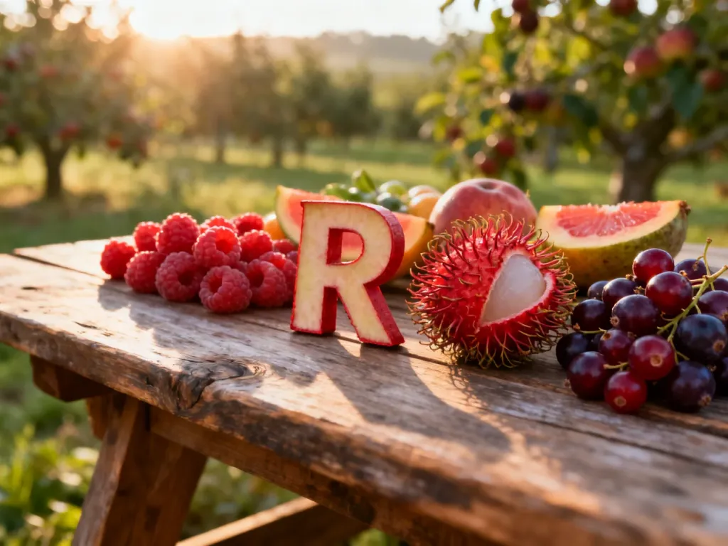 Świeże maliny, rambutan i porzeczki na drewnianym stole w porannym świetle. Owoce na literę „r” w rustykalnej aranżacji.