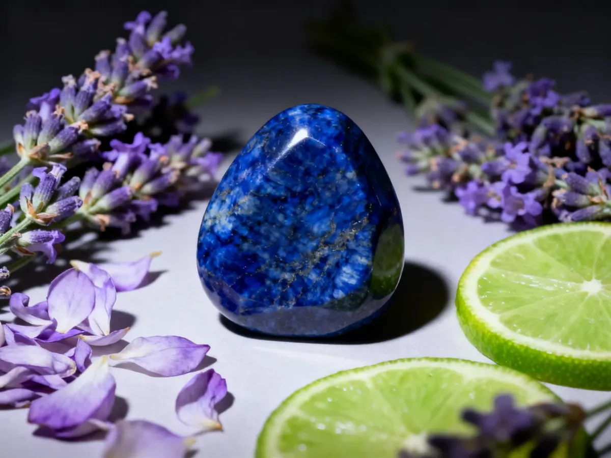 Głęboki niebieski kamień lapis-lazuli otoczony kwiatami i limonką