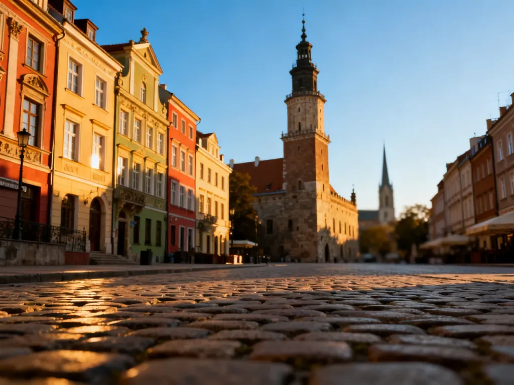 Malowniczy rynek polskiego miasta z kolorowymi kamienicami i wieżą ratuszową w promieniach zachodzącego słońca.
