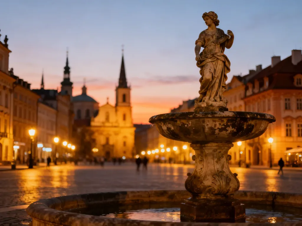 Zabytkowy rynek europejskiego miasta o zachodzie słońca z ozdobną fontanną na pierwszym planie.