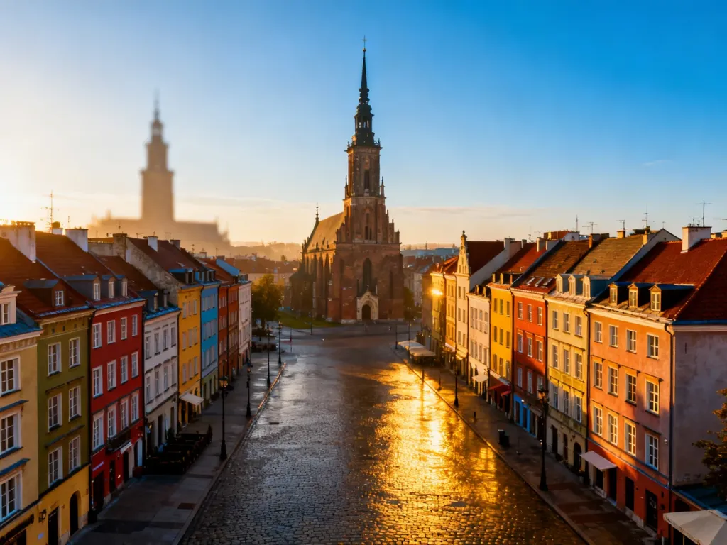 Malowniczy rynek polskiego miasta z kolorowymi kamienicami i gotycką wieżą kościoła w świetle porannego słońca.