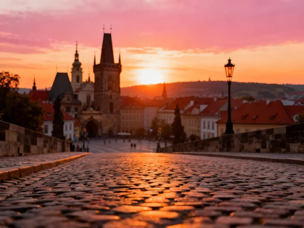 Malownicze europejskie miasto o zachodzie słońca z brukowaną uliczką i historyczną zabudową w tle.