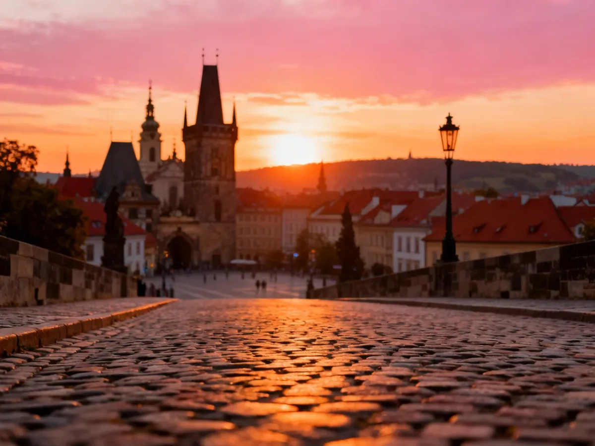 Malownicze europejskie miasto o zachodzie słońca z brukowaną uliczką i historyczną zabudową w tle.