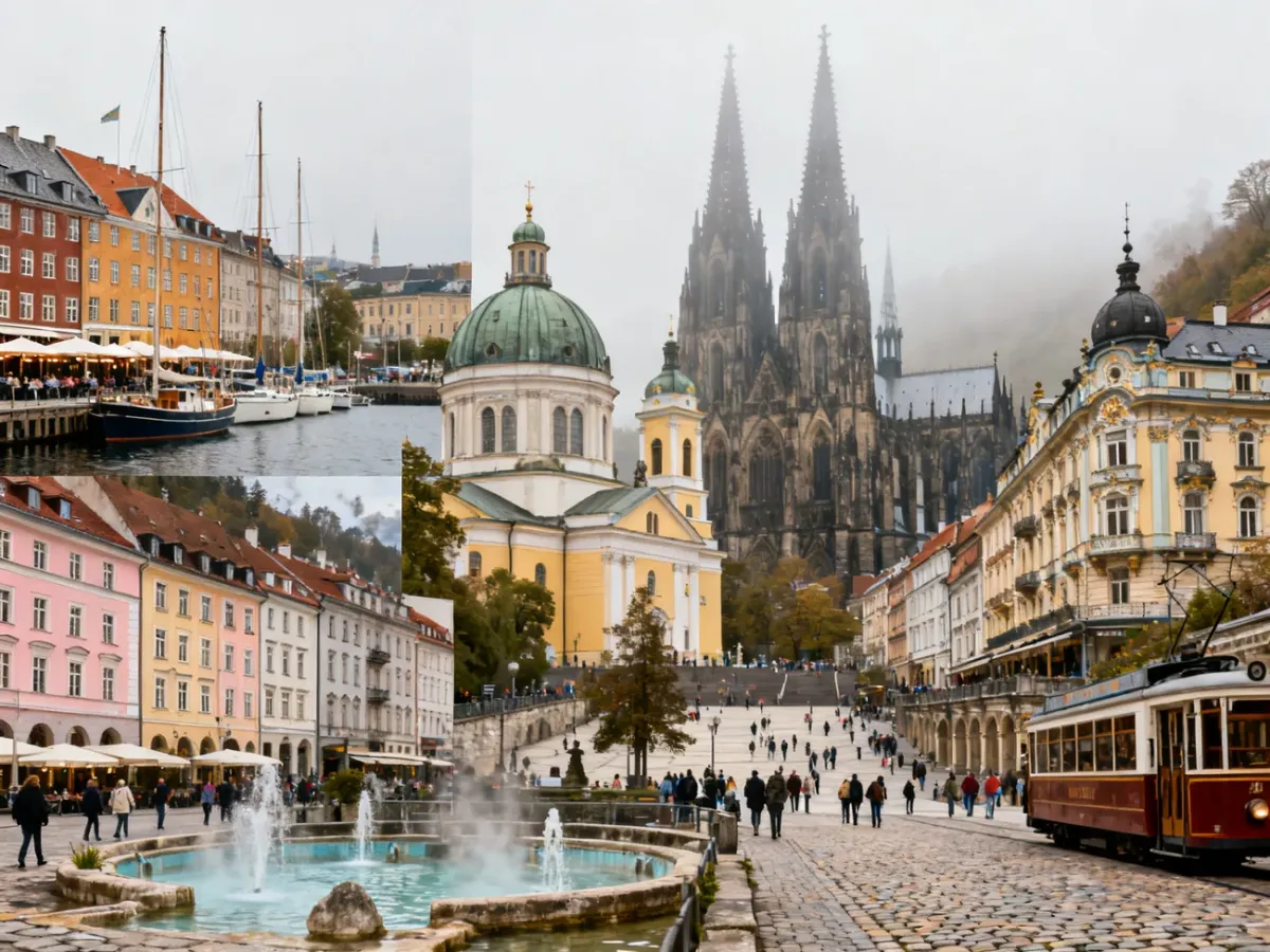 Kolaż europejskich miast na literę K