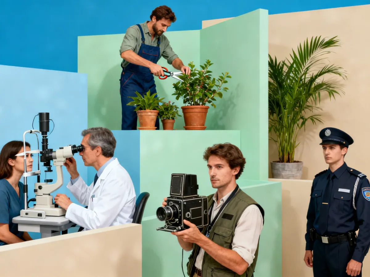 Kolaż przedstawiający różne zawody na literę O, między innymi okulistę, ogrodnika, operatora filmowego i ochroniarza.