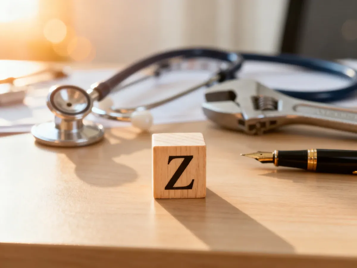 Drewniany klocek z literą „Z” na biurku w otoczeniu narzędzi różnych profesji, symbolizujący różnorodne ścieżki kariery.
