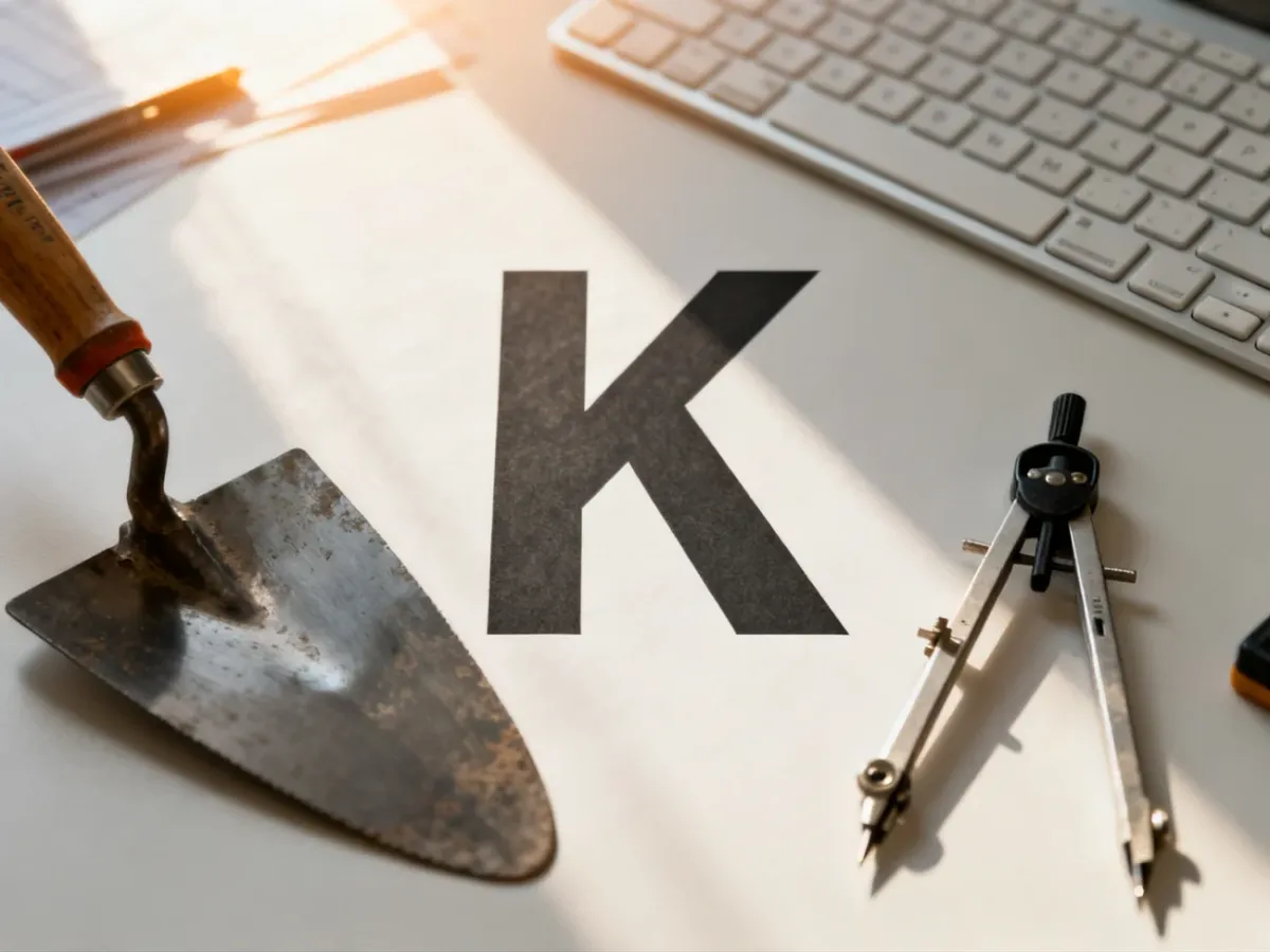 Biurko z narzędziami różnych zawodów na literę „K”, takimi jak kielnia, klawiatura i kompas, w świetle poranka.